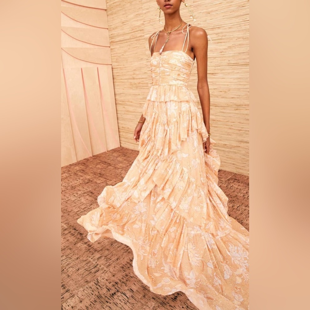 Ulla Johnson Orange Pink Strapless Tiered Maxi Gown